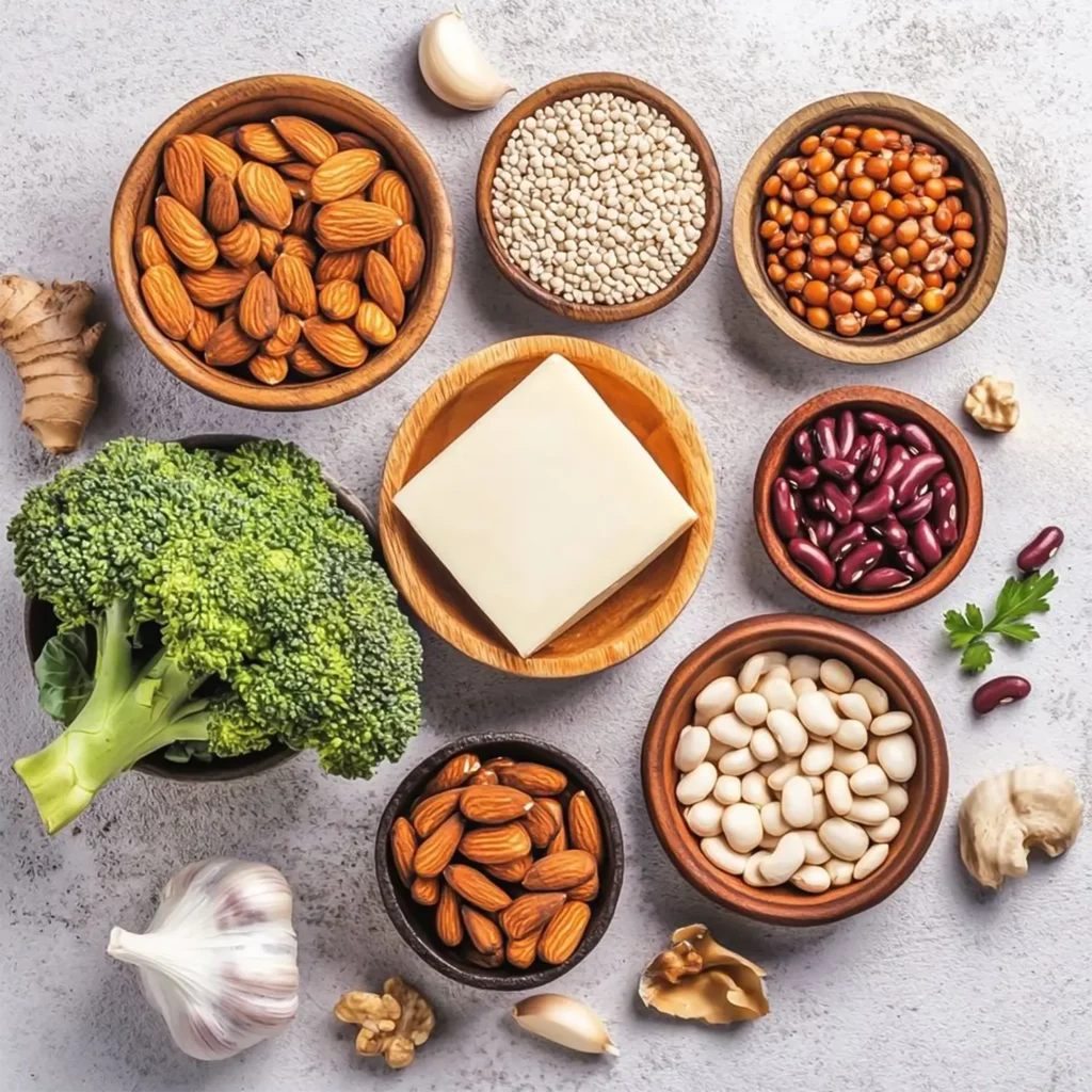 Разнообразные растительные источники белка на столе: миндаль, белая и красная фасоль, чечевица, тофу, брокколи, чеснок, имбирь, грецкие орехи и зелень в деревянных мисках.